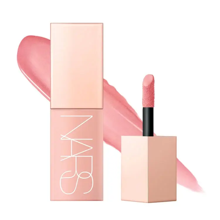NARS Afterglow Liquid Blush bottle in peachy pink shade with applicator and color swatch.
