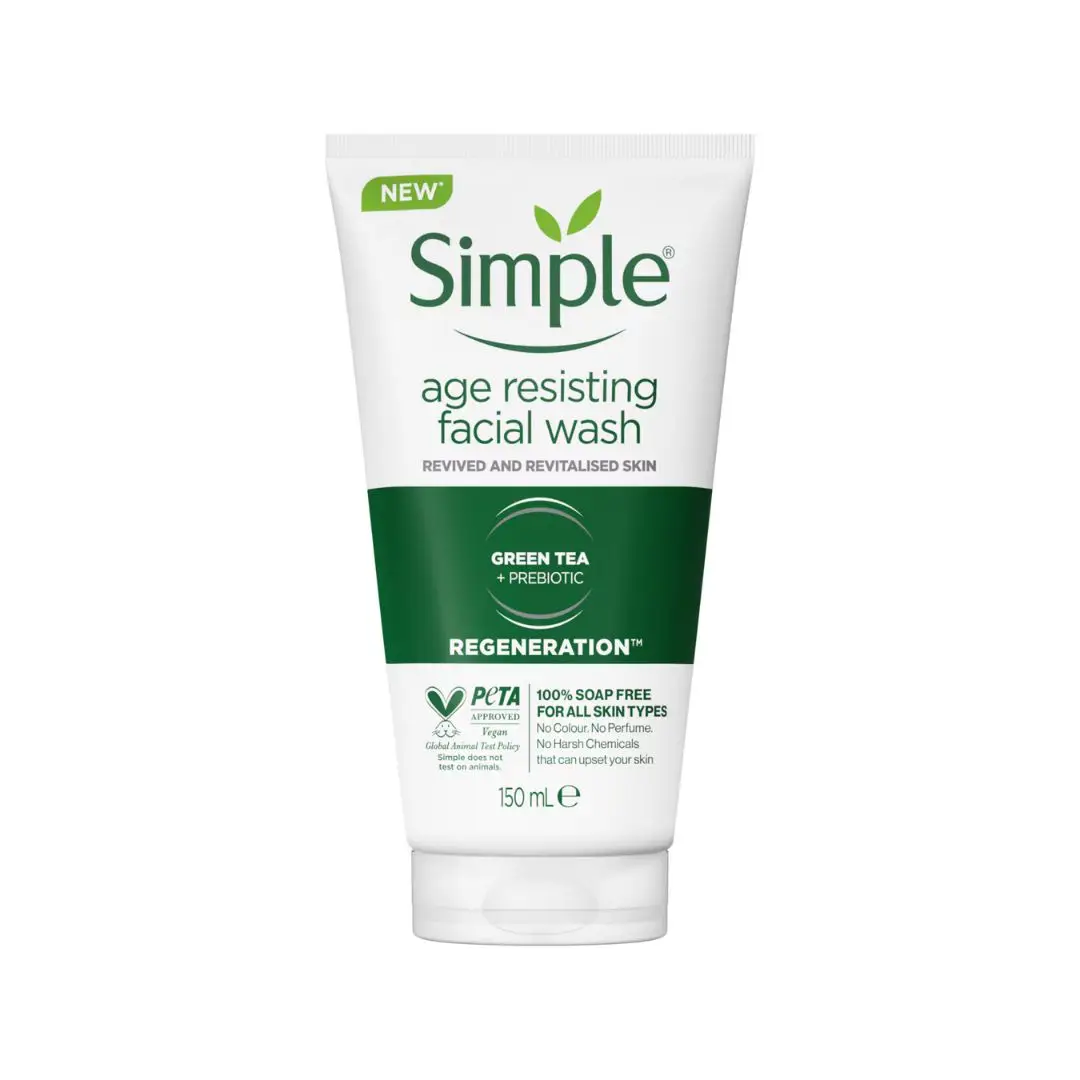 Simple Age Resisting Facial Wash with Green Tea and Prebiotic, 150 ml tube.