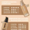 Comparison chart between SHEGLAM Skinfinite and Complexion Pro foundations, rating hydration, coverage, oil control, and antioxidants.