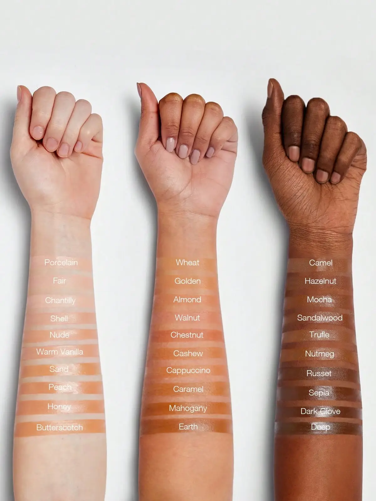 Three arms displaying all SHEGLAM Skinfinite Foundation shades from light to deep tones.