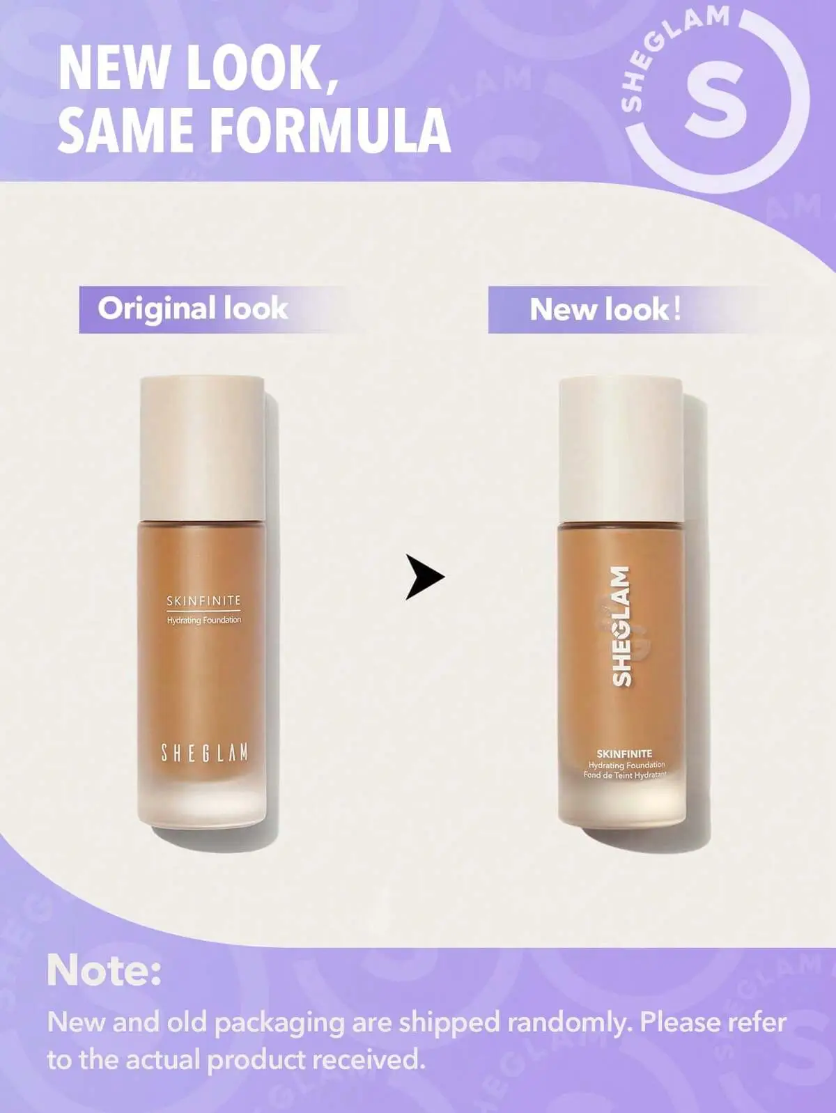 SHEGLAM Skinfinite Hydrating Foundation showing a comparison of old and new packaging with the same formula.