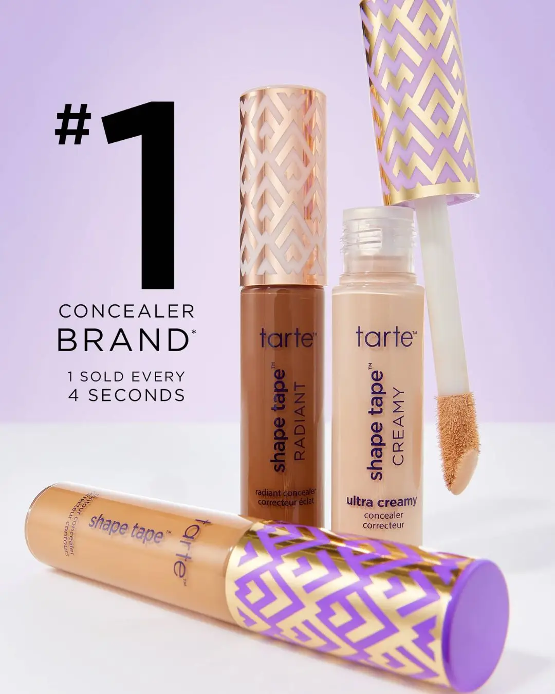 Tarte Shape Tape Radiant, Creamy, and Original concealer tubes with #1 Concealer Brand text