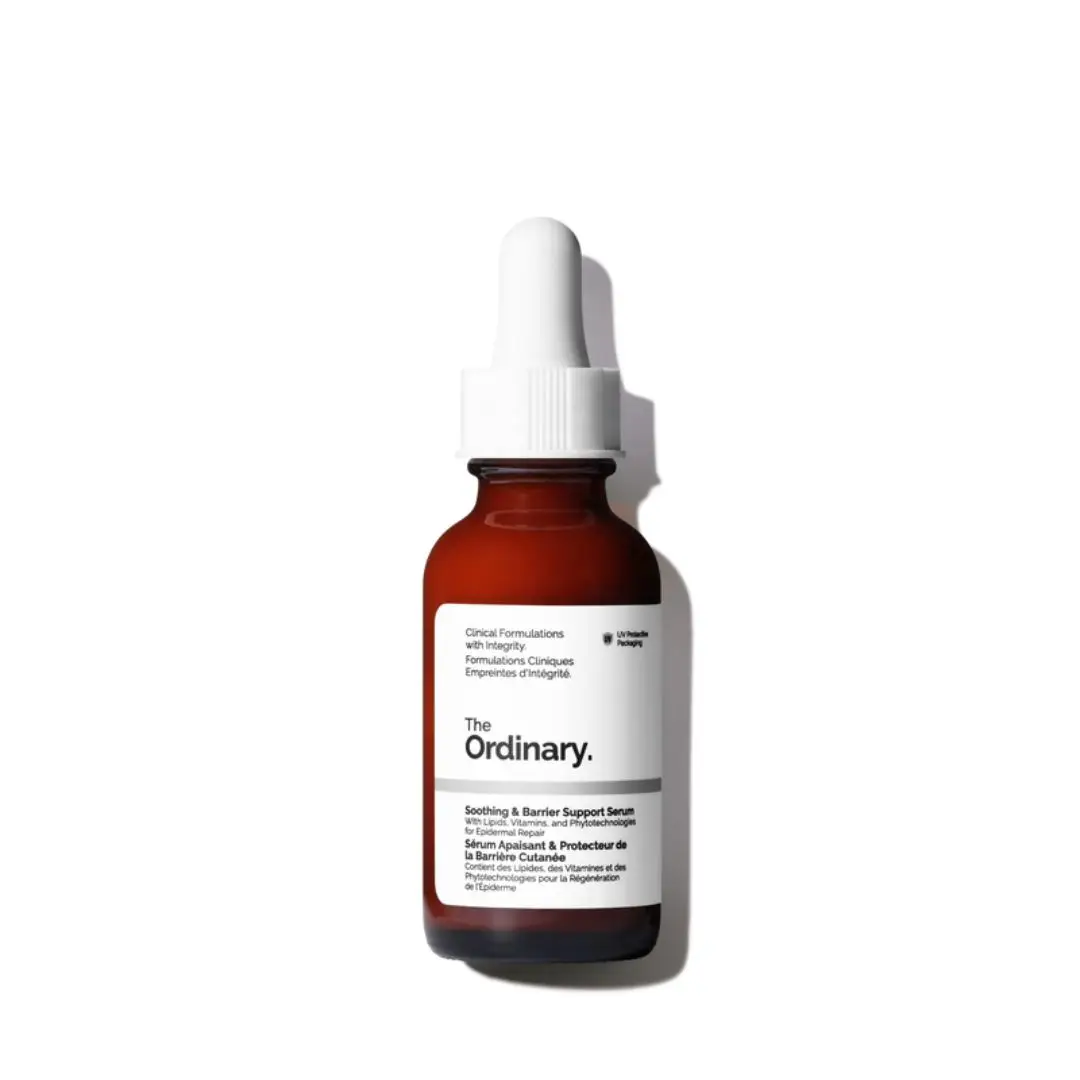 The Ordinary Soothing & Barrier Support Serum in amber glass dropper bottle