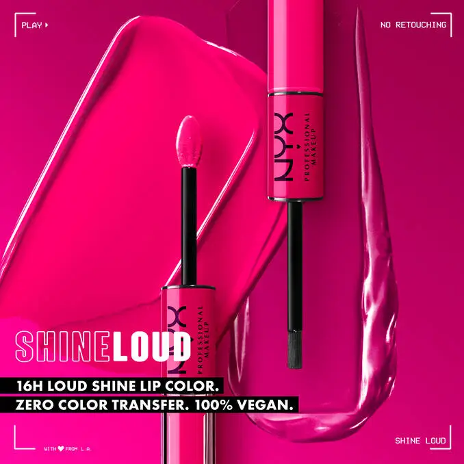 NYX Shine Loud Lip Gloss with applicator and vibrant pink background.