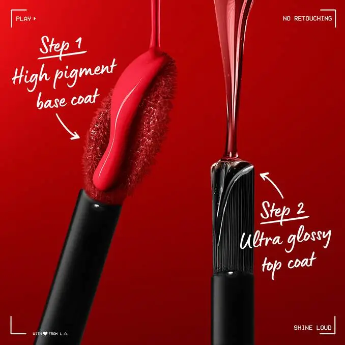 Close-up of NYX Shine Loud Lip Gloss showing step 1 base coat and step 2 top coat applicators.
