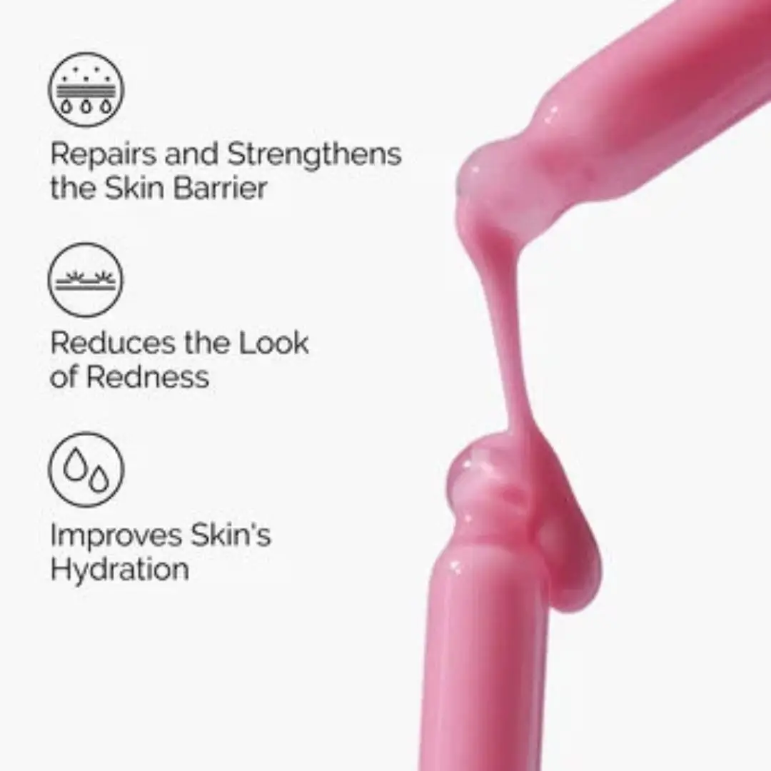 Pink serum texture of The Ordinary Soothing & Barrier Support Serum with benefits list