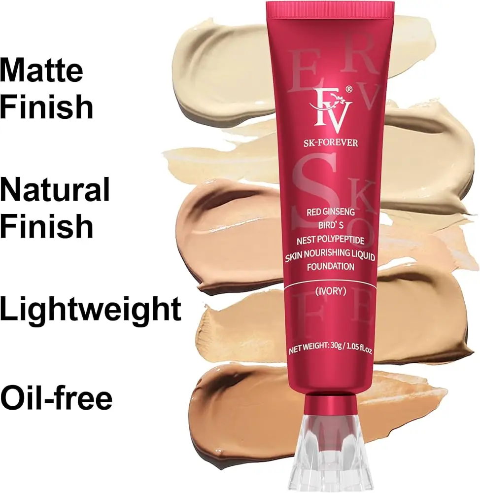 SK-Forever Foundation tube with swatches of multiple shades and benefits