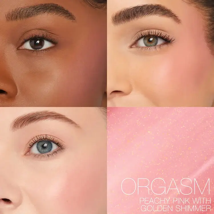 NARS Orgasm Liquid Blush swatches on multiple skin tones