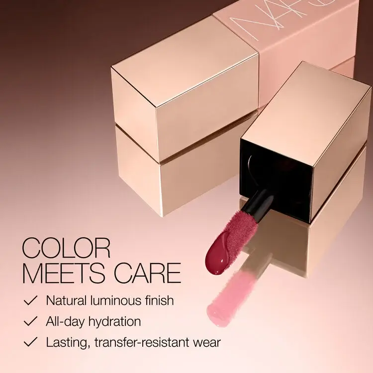 NARS Liquid Blush showing product and applicator with care claims