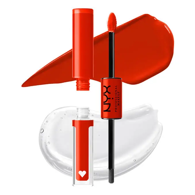 NYX Shine Loud red lip gloss with clear gloss and textured swatches.