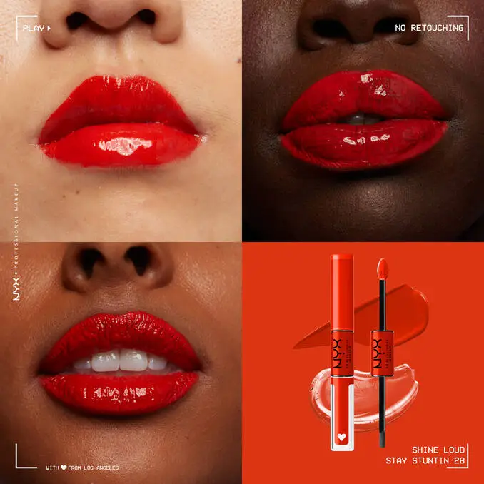 Grid of diverse models wearing NYX Shine Loud lip gloss with product and swatches.