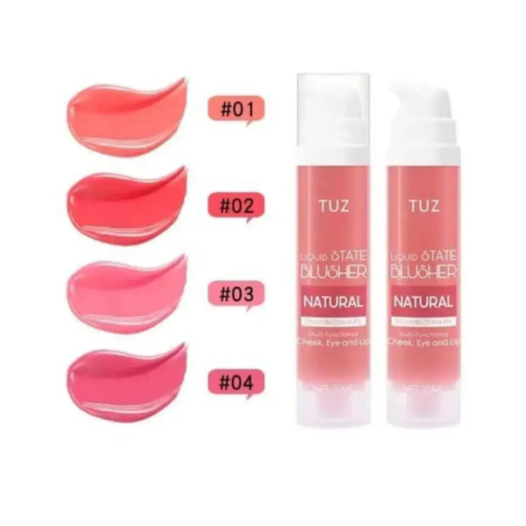 TUZ Liquid Blusher tubes with swatch texture for shades 01 to 04