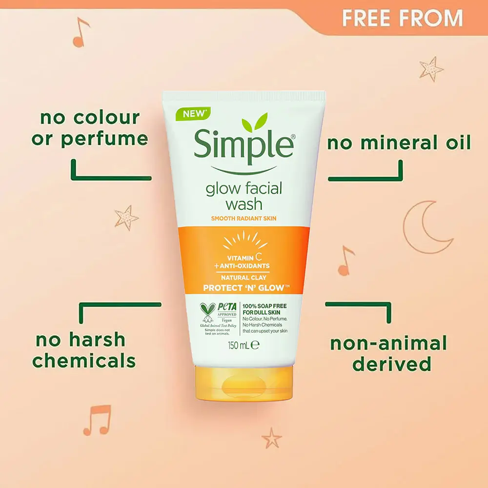 Simple Glow Facial Wash displayed with no-color, no-oil, no-animal, no-chemical claims