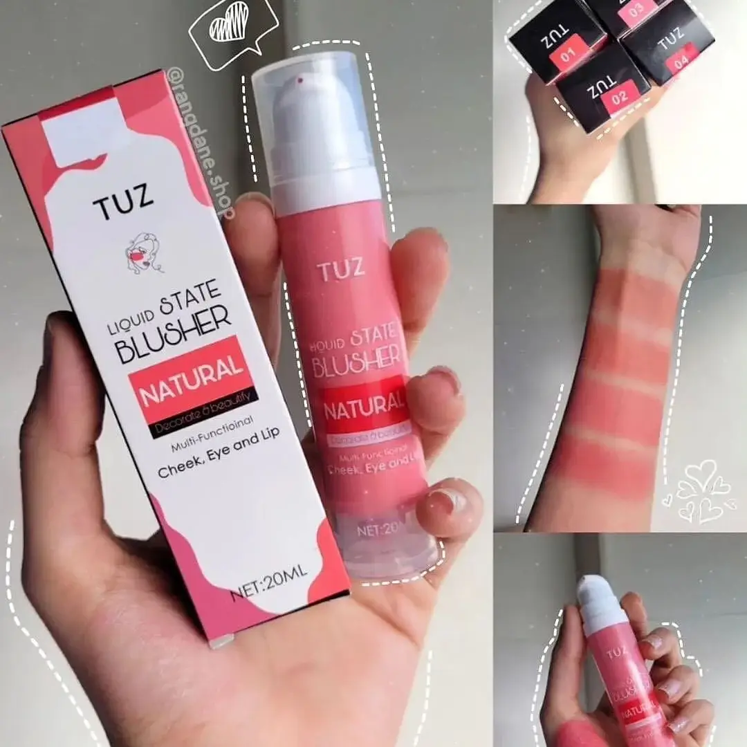 TUZ Liquid Blusher with packaging and swatch collage
